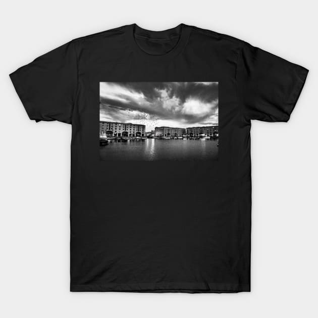 Liverpool waterfront at night _- Black and white T-Shirt by stuartchard